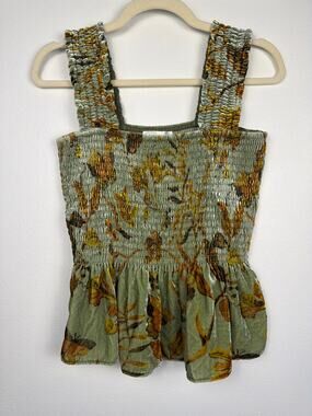 Anthropologie Floral Velvet Smocked Baby Doll Sage Green Peplum Boho Tank | Sz M